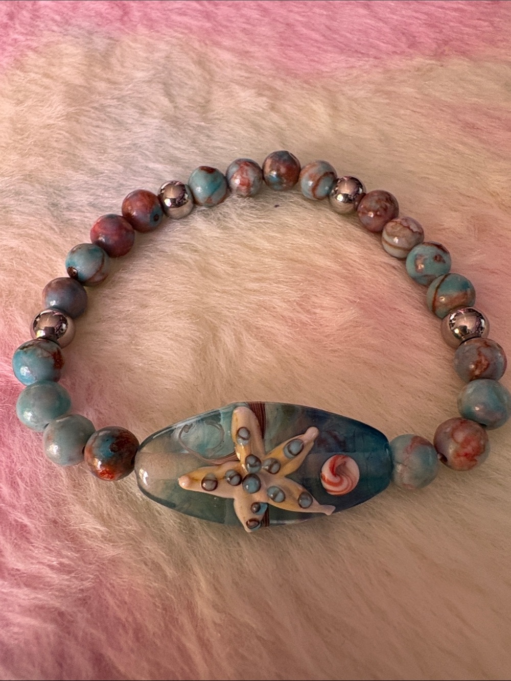 Handmade Blue Turquoise Starfish Beaded Stretch Bracelet - Brand Not Visible